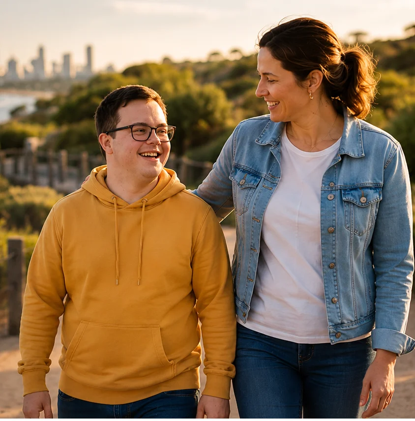 A young man with Down syndrome and his support worker walking and smiling together along a coastal path near Perth the heart of the caring, person-centred support at Ourside WA